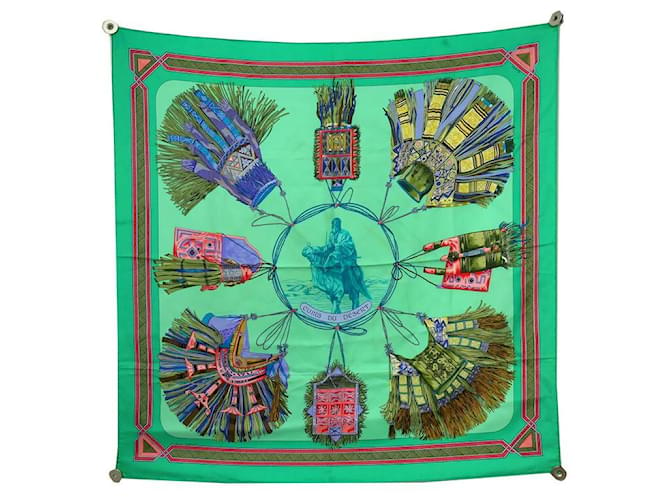 Hermès HERMES LEATHER SCARF OF THE DESERT OF LA PERRIERE CARRE 90 SILK GREEN SILK SCARF  ref.650036