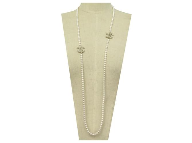 NEW CHANEL NECKLACE SAUTOIR PEARLS STRASS AND CC LOGO 110CM GOLD METAL NECKLACE Golden  ref.650083