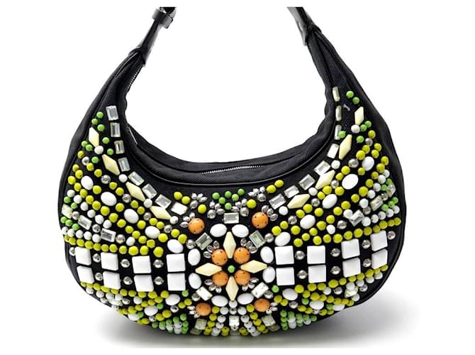 Chloé CHLOE LUNE HANDBAG IN CANVAS EMBROIDERED WITH MULTICOLORED PEARLS HOBO PEARLS BAG Black Cloth  ref.650089