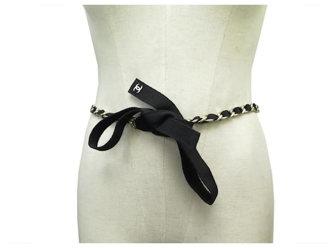 NEW CHANEL BELT TO TIE GOLD CHAIN AND BLACK CANVAS LINK T 90 BELT Leather  ref.650116