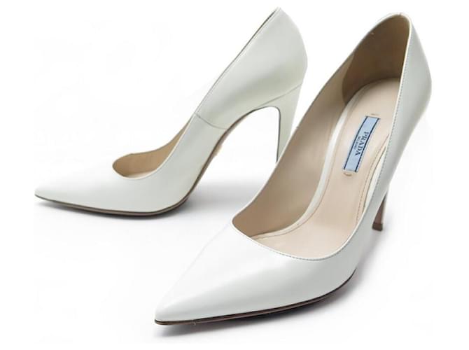 PRADA PUMPS SHOES 1I615D IN CREAM LEATHER 39 IT 40 FR + SHOES BOX  ref.650138