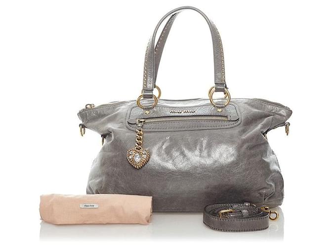 Miu Miu Vitello Lux Crystal Heart Handbag Grey Leather Pony