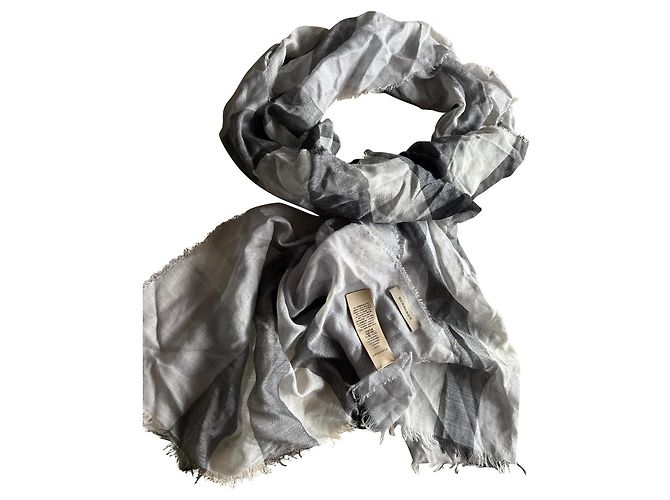 Burberry Gray Wool Silk Check Scarf Eggshell Dark grey