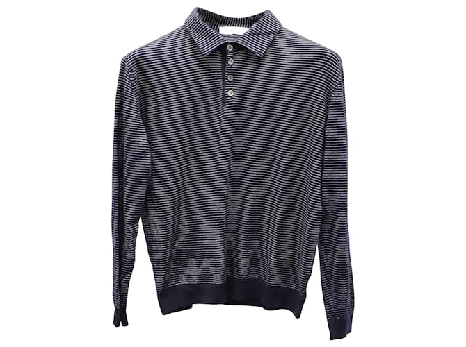 Ermenegildo Zegna T-shirt polo rayé à manches longues en laine bleu marine  ref.650787