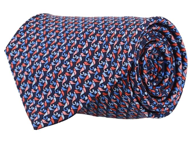 Corbata de seda con estampado de caballitos de mar de Salvatore Ferragamo Azul  ref.650804