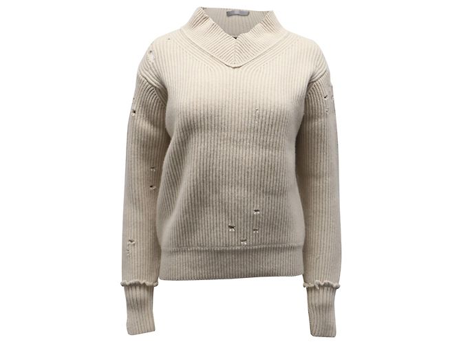 Helmut Lang gerippter Strickpullover in Distressed-Optik aus beiger Wolle 