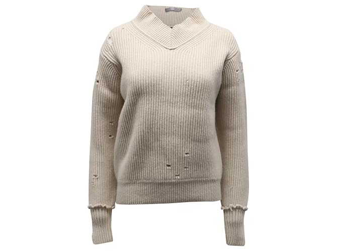 Helmut Lang Distressed Ribbed Knit Sweater in Beige Wool  ref.650814