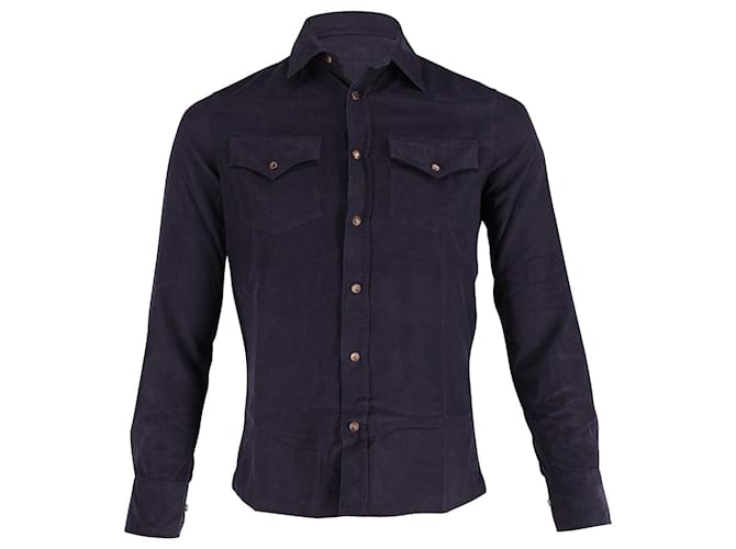 Brunello Cucinelli T-shirt à manches longues boutonné sur le devant en velours côtelé bleu marine Coton  ref.650860