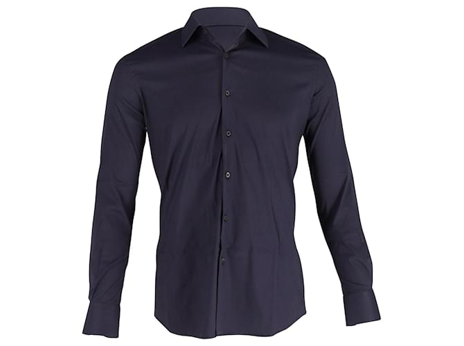 Camiseta clásica de manga larga con botones en la parte delantera en algodón azul marino de Prada  ref.651050