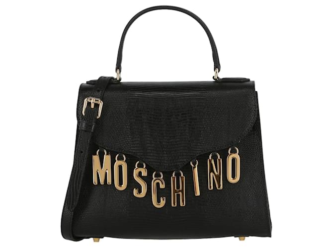 Moschino Tasche aus Leder mit Logo-Anhänger und oberem Griff Schwarz  ref.651170
