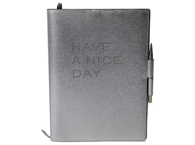 Anya Hindmarch "Passez une bonne journée" A4 Journal en cuir capra argenté métallisé  ref.651293