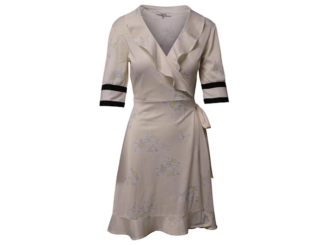 Ganni Striped Sleeves Floral Wrap Dress in White Polyester  ref.651323