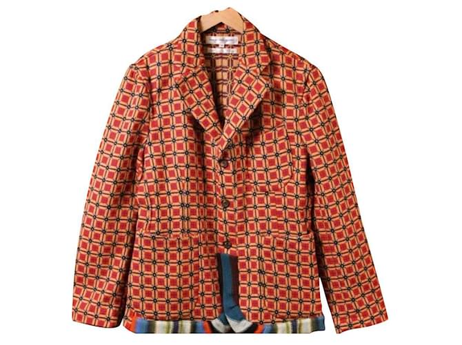 *COMME des GARCONS CAMISA lana estilo sastre chaqueta 3 chaqueta abotonada base roja x beige estampado de cuadros por toda la prenda  ref.651599