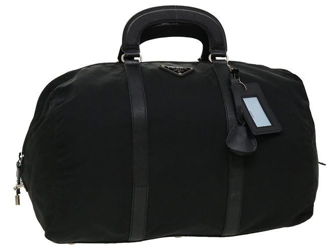 PRADA Boston Bag Nylon Pelle Nero Auth ac981