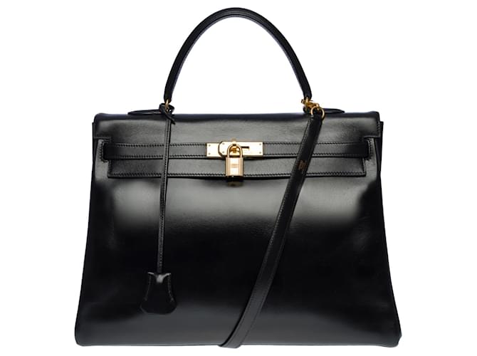 Hermès Hermosa bolsa Hermes Kelly 35 bandolera devuelta en cuero box negro, adornos de metal chapado en oro  ref.651859