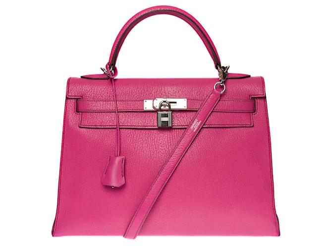 Hermès Prächtige und seltene Hermes Kelly Handtasche 32 Sattler-Schultergurt aus fuchsiafarbenem Mysore-Ziegenleder, palladiumversilberte Zierleisten Pink  ref.651861