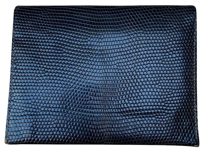 Hermès Paris Guernsey Wallet in Lizard Black Navy blue Exotic leather  ref.652384