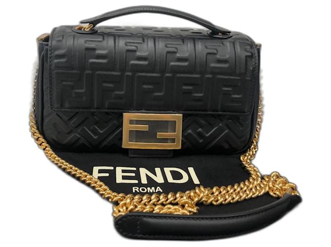 Fendi Black Baguette Chain Midi Leather Cross Body Bag