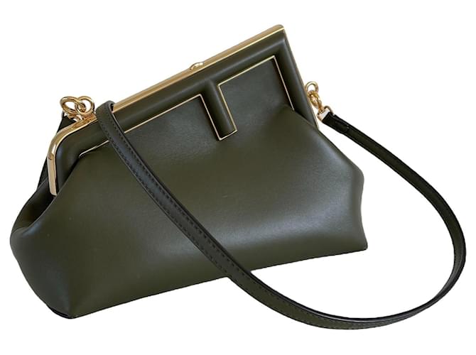 Fendi first small clutch shoulder bag Green Olive green Leather  ref.652721