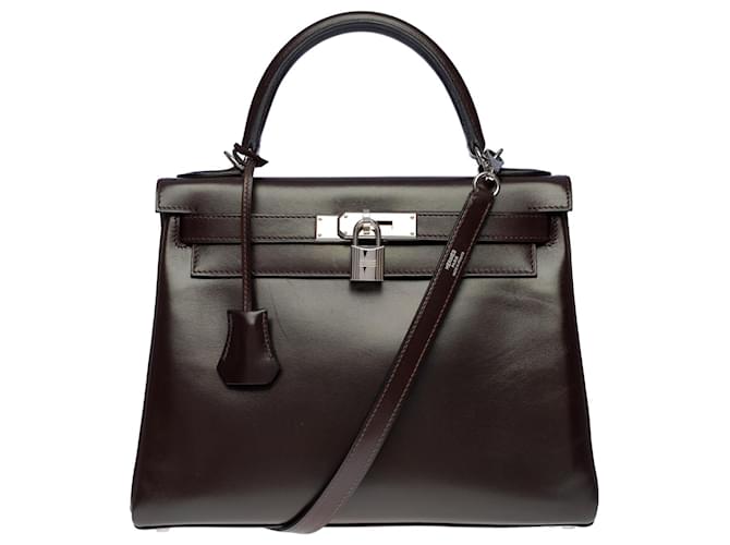 Hermès Eccezionale e rara borsa Hermes Kelly 28 tracolla tornita in pelle box marrone, finiture in metallo argento palladio  ref.652969