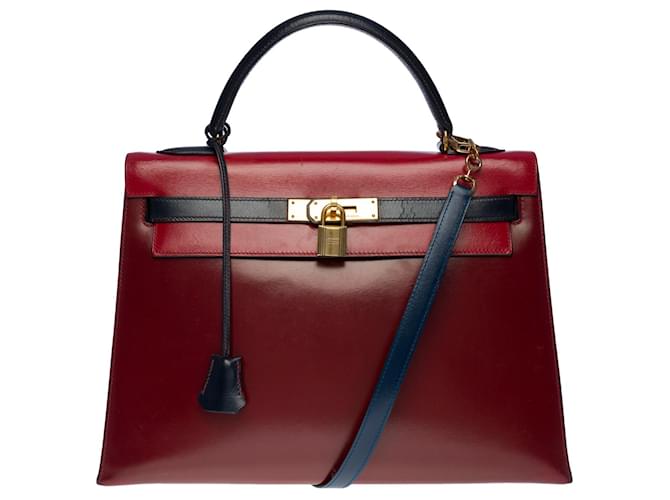 Hermès Stunning Hermes Kelly handbag 32 Tricolor "Arlequin" shoulder saddler in Red H box leather, Burgundy and Navy, gold plated metal trim Dark red  ref.654100