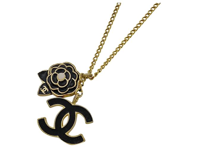 CHANEL Camellia Coco Mark Necklace CC Mark Camellia Flower Black Golden Gold-plated  ref.654254
