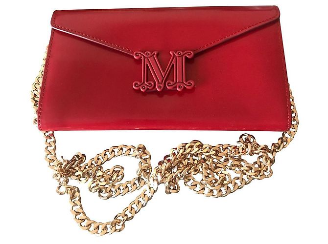 Max Mara Wallet Pocket Clutch Rot Leder Goldene Kette