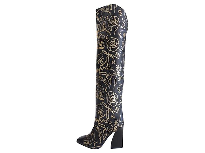 Chanel thigh high boots pt.39 Black Golden Leather  ref.655098