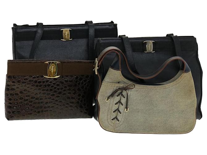 Salvatore Ferragamo Hand Bag Shoulder Bag Tote Bag 4Set Black Auth fm1613 Cloth  ref.655246