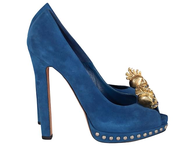 Zapatos de tacón con plataforma y puntera abierta con calavera de cristal en ante azul de Alexander McQueen Suecia  ref.655799