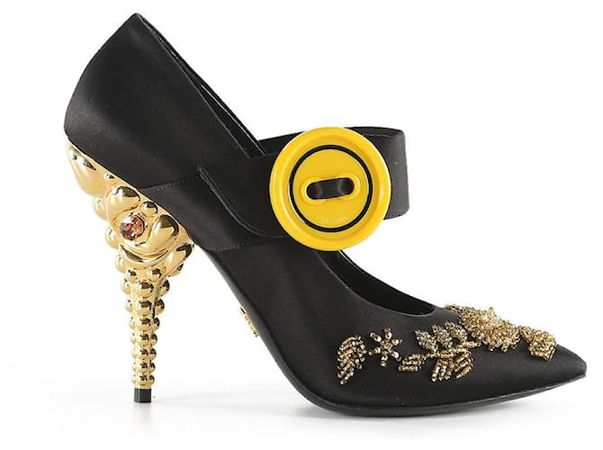 Prada Black Satin Embellished Gold & Crystal Heel Pumps  ref.655892