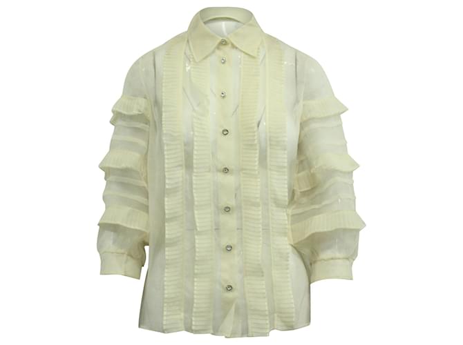Miu Miu Geknöpfte Bluse mit Rüschen aus cremefarbener Seide Weiß Roh  ref.655950