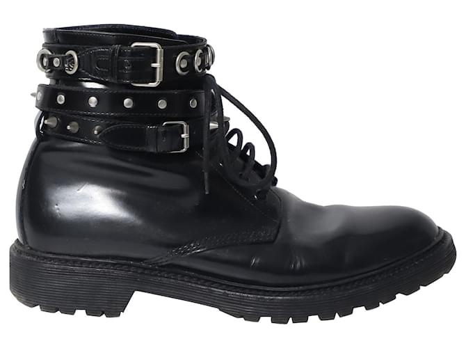 Saint Laurent Studded Ankle Strap Combat Boots in Black Leather  ref.655975