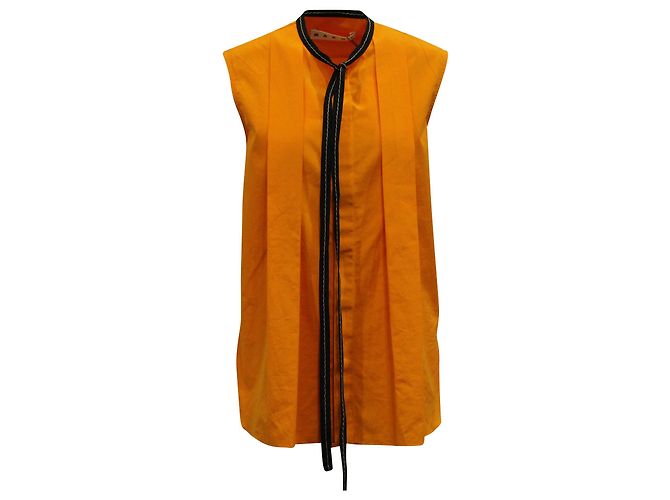 Marni Plissee-Frontbluse mit Halsschleife aus orangefarbener Baumwolle