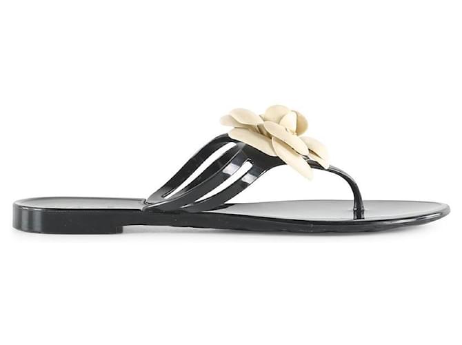 Chanel Black/White Camellia Flower Jelly Quilted Thong Sandals
