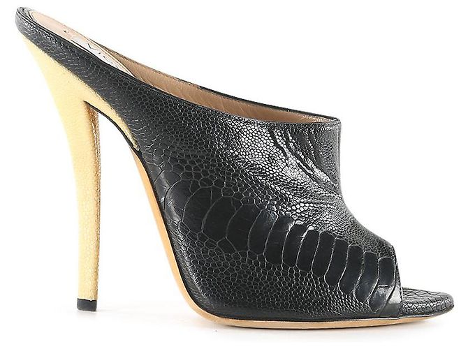 Vionnet Black Leather Croc Embossed Peep Toe Mules