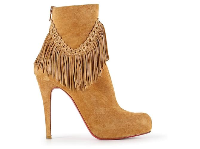 Christian Louboutin Rom 120 Fringed Tan Suede Platform Ankle Boots Brown Beige  ref.656109