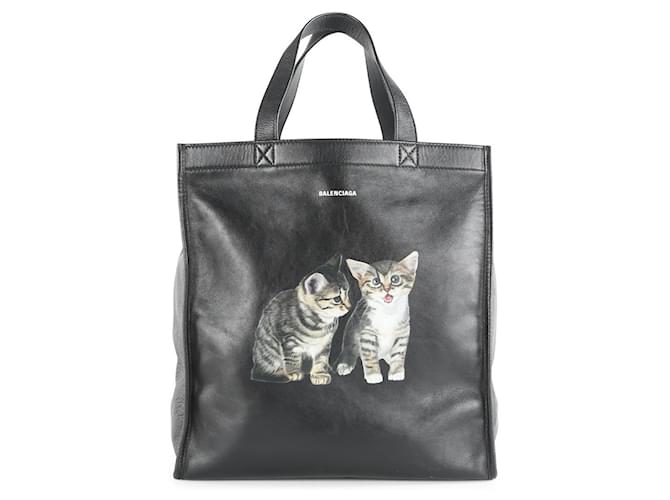 Balenciaga Black Leather Small Kittens Market Shopper Tote Bag ref