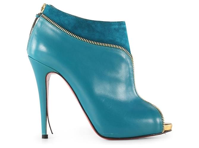 Christian Louboutin Turquoise and Gold Col Zippe Leather Suede Ankle Booties  ref.656150