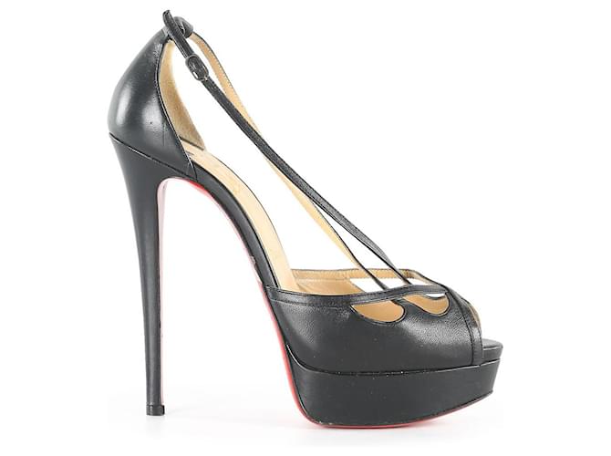 Christian Louboutin Black Leather Madalena Peep Toe Platform Sandals  ref.656228