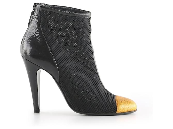 Chanel Black Stretchy Mesh & Gold Captoe Ankle Booties Synthetic