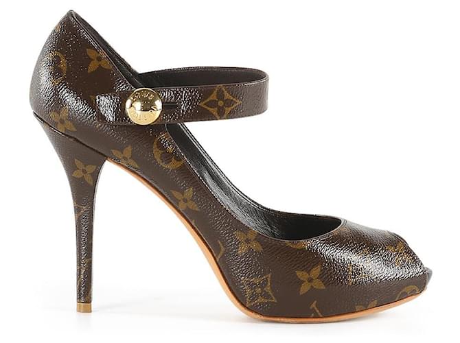 LOUIS VUITTON 'OH REALLY!' LIGHT BROWN PAT LEATHER OPEN TOE-HEELS  PUMPS 35.5-5.5