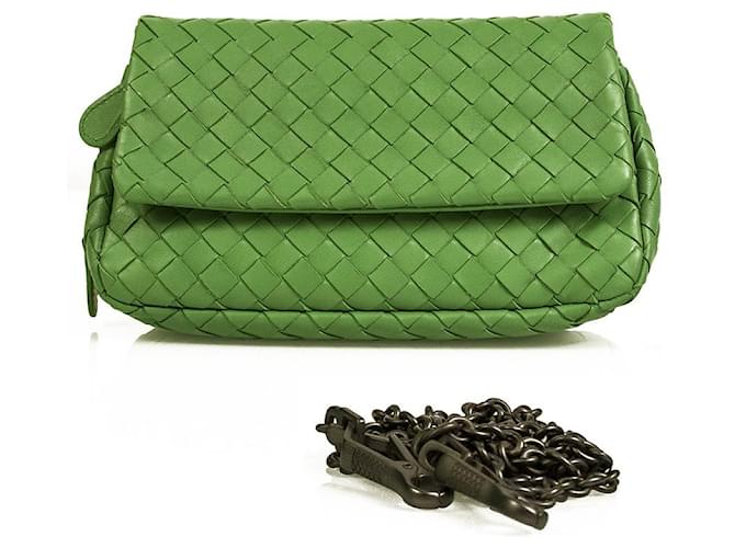 BOTTEGA VENETA Green Intrecciato Woven Nappa Leather clutch crossbody chain bag  ref.656565