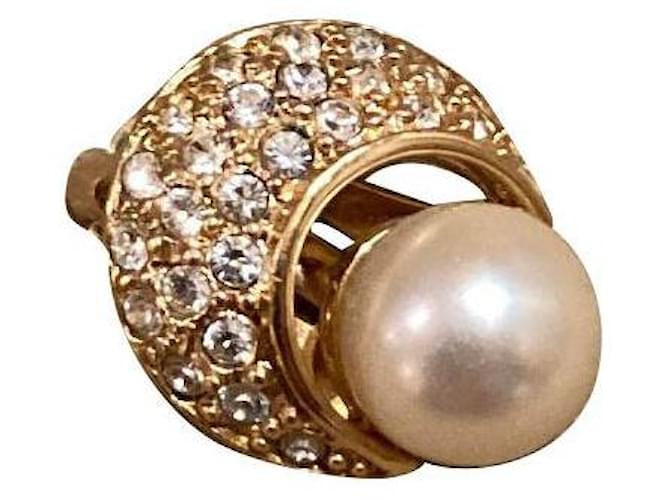 Christian Dior Costume Pearl Pave Stone Moon Boucle d'oreille/Alliage/Placage-5.0g/Or/Blanc/Christian Dior Doré  ref.656774