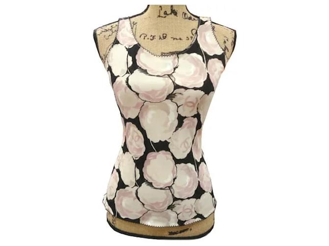 *Chanel Cocomark Camellia Tops 40 Rayon 100% Beige x Pink x Black 01A Vintage Tank Top  ref.657063