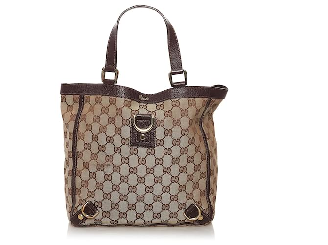 Gucci Brown GG Canvas Abbey D-Ring Tote Bag Beige Dark brown Leather Cloth Pony-style calfskin Cloth  ref.657162