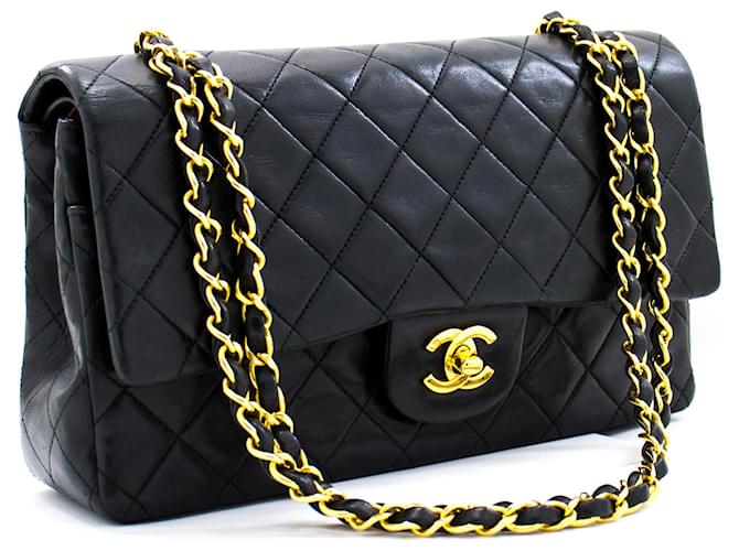Rabat doublé Chanel Classique 10"Sac à bandoulière en chaîne Agneau noir Cuir  ref.657625