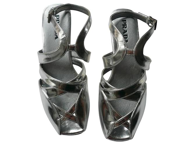 PRADA New mirror wedge sandals T36 IT Silvery Leather  ref.657747
