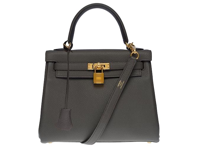 Exceptional Hermès Kelly handbag 25 turned over shoulder strap in pewter gray Togo leather, palladium silver metal trim Grey  ref.657787