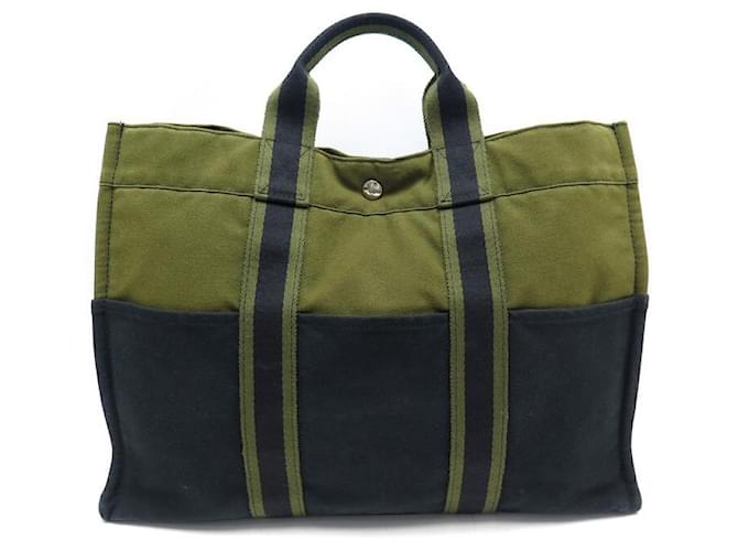 Hermès HERMES TOTO GM CABAS HAND BAG IN GREEN AND BLACK CANVAS HAND TOTE BAG Cloth  ref.657893